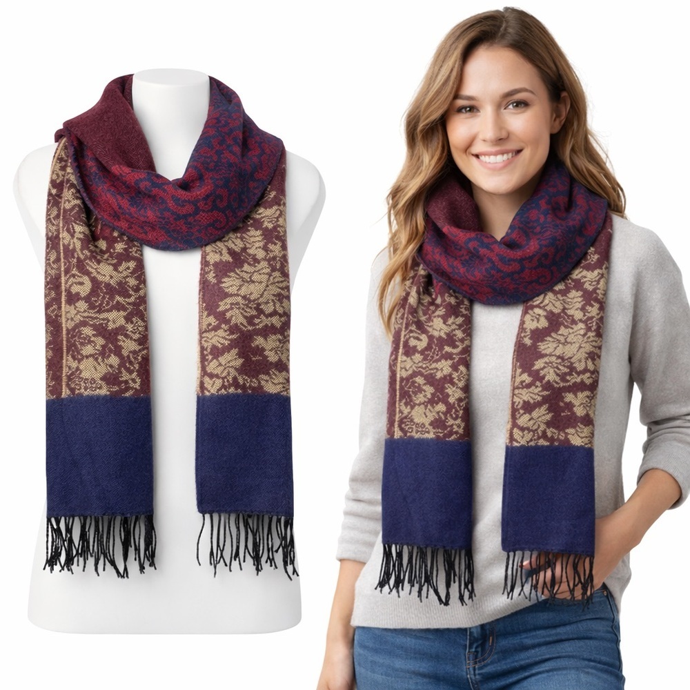 Croft & Barrow Scarf | Burgundy Blue Floral Paisley | Soft Fringe Winter Wrap